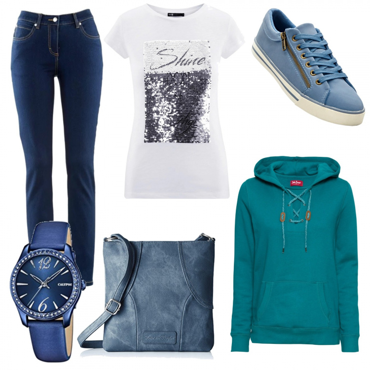 Outfit donna - Basic #3573. Stile Basic per Tutti i giorni. Abbinamento con jeans dritti, felpa con cappuccio a maniche lunghe, sneakers, t-shirt con paillettes aderente bianco, borsa a tracolla in denim blu, orologio analogico in pelle blu.