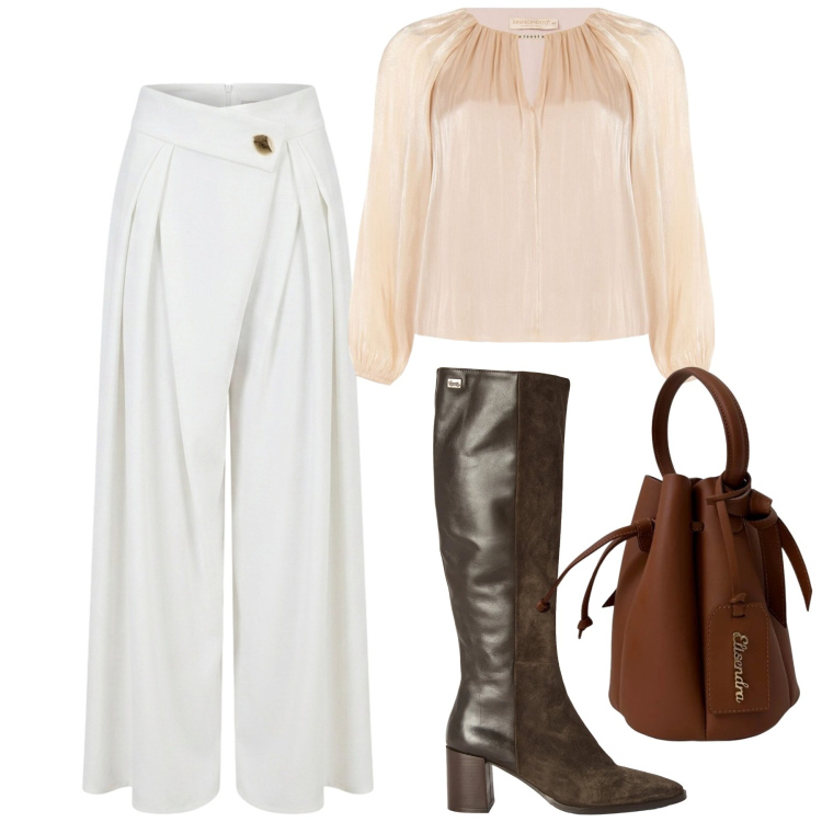 Outfit donna - Pantalone palazzo e blusa di seta. Stile Chic per Serata fuori. Abbinamento con stivali, pantaloni a palazzo, bluse, borse a secchiello.