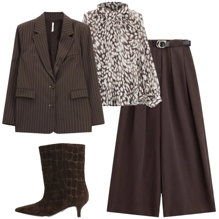 Outfit donna - Marrone per il rientro. Stile Glamour per Tutti i giorni. Abbinamento con blazer, pantaloni a palazzo, camicie, stivali.