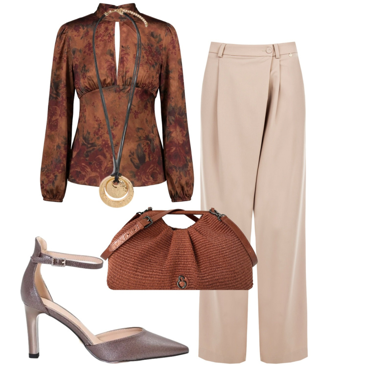Outfit donna - Pantalone palazzo e blusa di seta. Stile Chic per Serata fuori. Abbinamento con pantaloni a palazzo, décolleté, ciondoli, clutch, bluse.