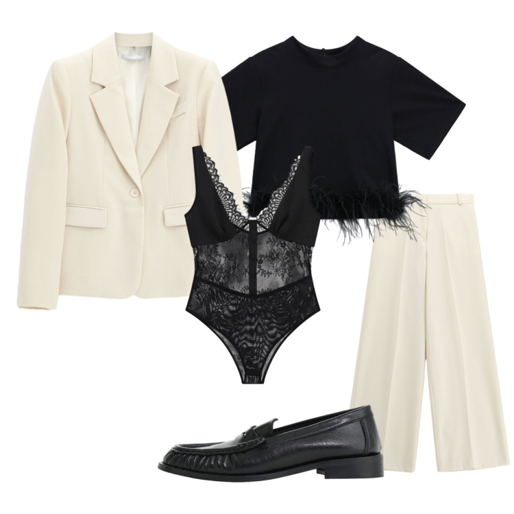 Outfit donna - We are back. Stile Urban per Serata fuori. Abbinamento con t-shirt, pantaloni a palazzo, mocassini, body, blazer.