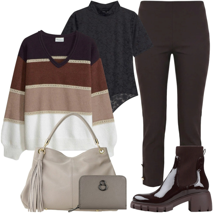 Outfit donna - Comfort con stile. Stile Casual per Tutti i giorni. Abbinamento con stivaletti, body, maglieria, borse a spalla, pantaloni capri, portafogli.