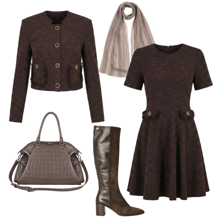Outfit donna - Eleganza quotidiana. Stile Bon Ton per Tutti i giorni. Abbinamento con sciarpe, stivali, blazer, vestiti corti, shopping bag.