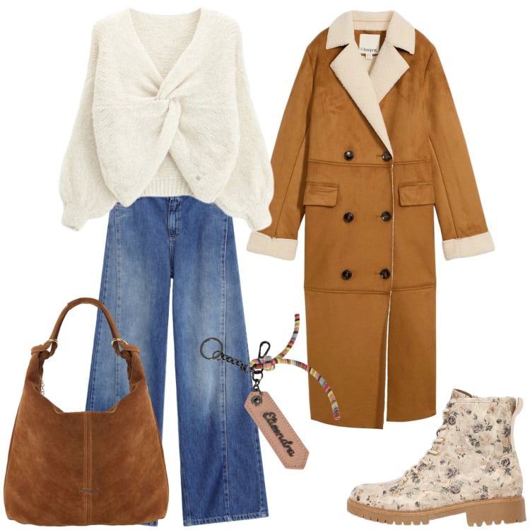 Outfit donna - Capi morbidi e avvolgenti. Stile Casual per Ufficio. Abbinamento con cappotti, anfibi, borse a spalla, maglieria, jeans, portachiavi.