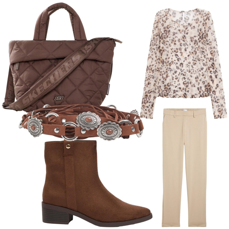 Outfit donna - Accessori cioccolato. Stile Etnico per Tutti i giorni. Abbinamento con t-shirt, cinture, borse tote, pantaloni chino, stivaletti.