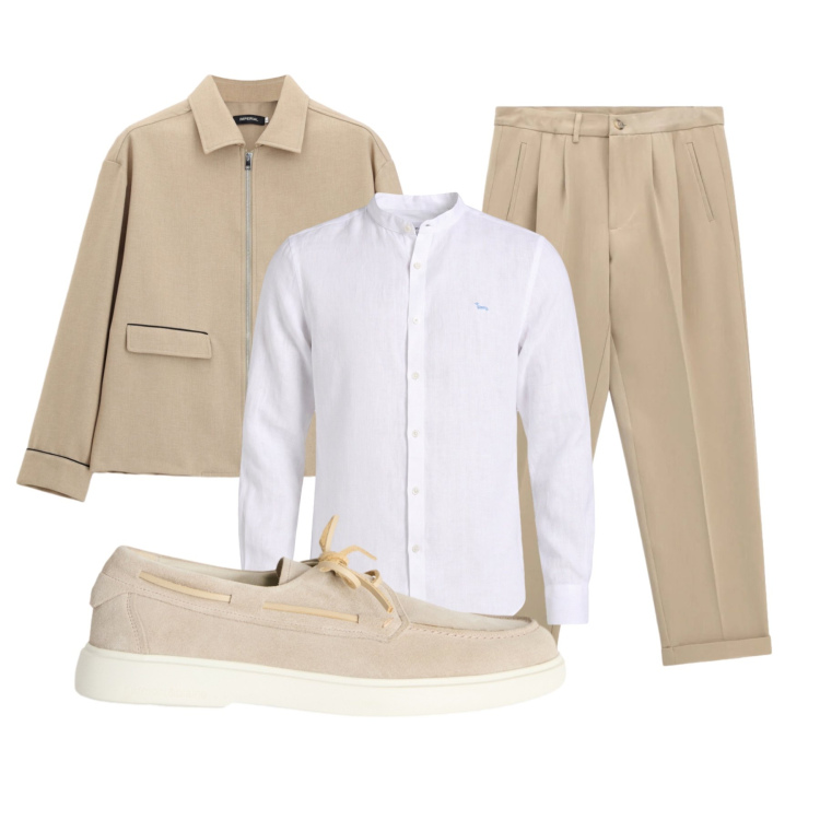 Outfit uomo - Total beige. Stile Trendy per Tutti i giorni. Abbinamento con scarpe stringate, camicie, cappotti, pantaloni.