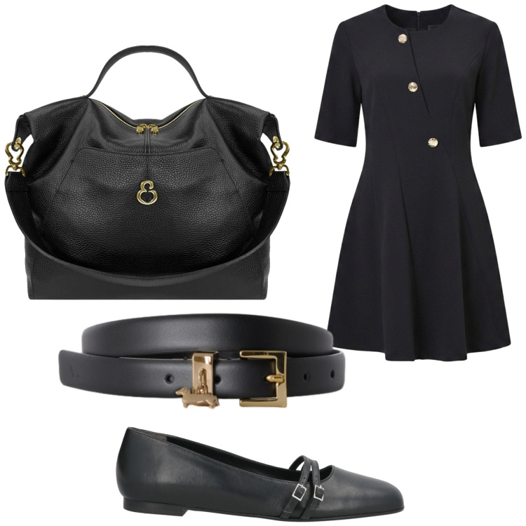 Outfit donna - Autunno black. Stile Chic per Serata fuori. Abbinamento con ballerine, cinture, vestiti asimmetrici, borse a spalla.