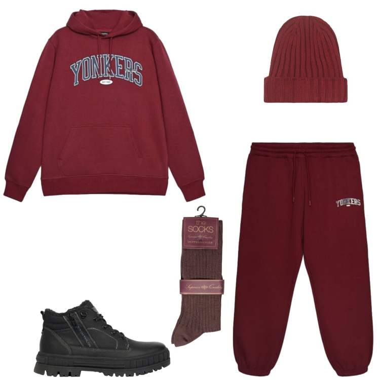 Outfit uomo - Total look #2476662. Stile Urban per Sport. Abbinamento con calzini, berretti, pantaloni, felpe con cappuccio, stivali e stivaletti.