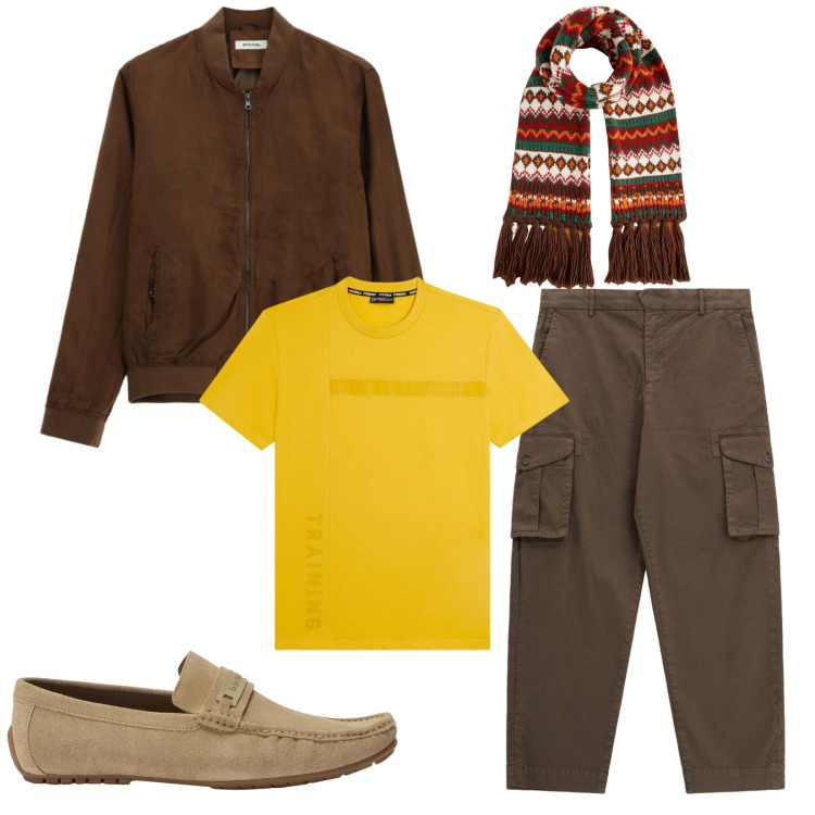 Outfit uomo - Total look #2476669. Stile Trendy per Serata speciale. Abbinamento con scarpe stringate, pantaloni cargo, bomber, sciarpe, t-shirt.