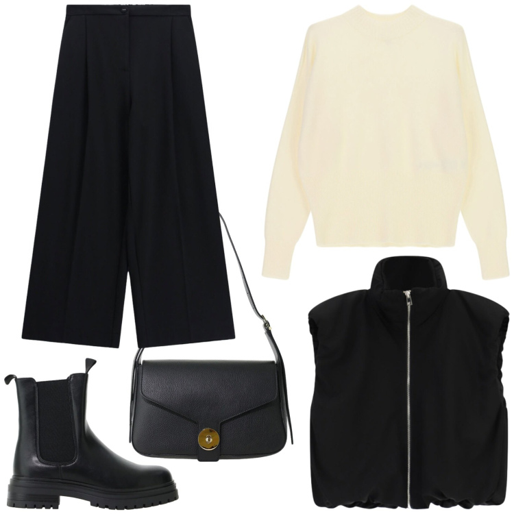 Outfit donna - Stilosa. Stile Casual chic per Tutti i giorni. Abbinamento con pantaloni a palazzo, stivaletti chelsea, borse a spalla, maglieria, piumini.