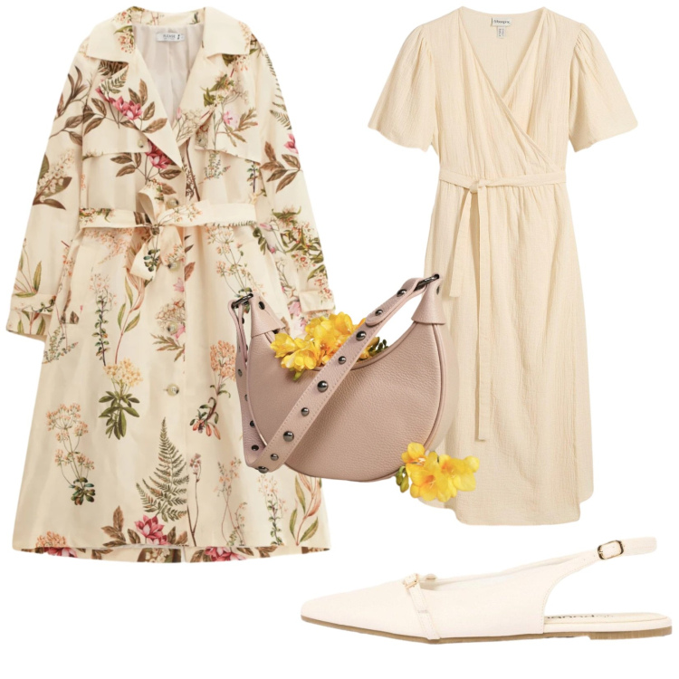Outfit donna - Settembre floreale. Stile Romantica per Cerimonia. Abbinamento con vestiti, ballerine, borse a spalla, trench.