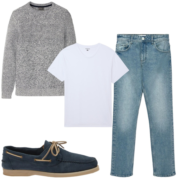 Outfit uomo - Total look #2476675. Stile Casual per Tutti i giorni. Abbinamento con scarpe stringate, t-shirt, jeans dritti, maglieria.