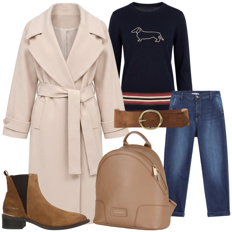 Outfit donna - Total look #2476676. Stile Casual chic per Tutti i giorni. Abbinamento con zaini, stivaletti texani, maglieria, jeans dritti, cinture, cappotti.