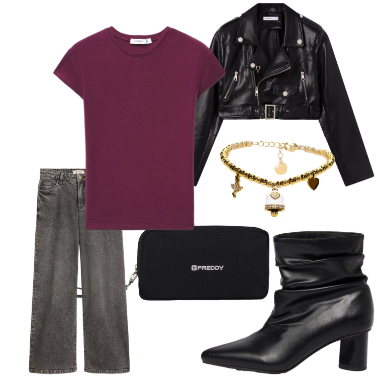 Outfit donna - Total look #2476678. Stile Casual chic per Tutti i giorni. Abbinamento con stivaletti, jeans, giacche, t-shirt, valigie, braccialetti.