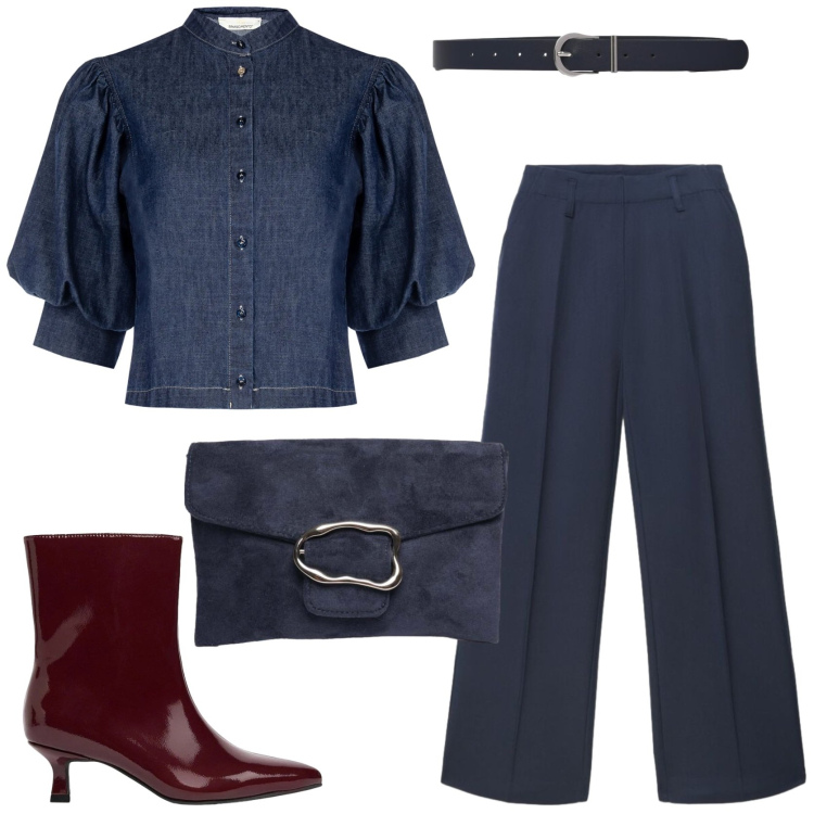 Outfit donna - Blu e bordeaux combo raffinata. Stile Trendy per Tutti i giorni. Abbinamento con stivaletti, cinture, pantaloni a palazzo, camicie a manica corta, clutch.