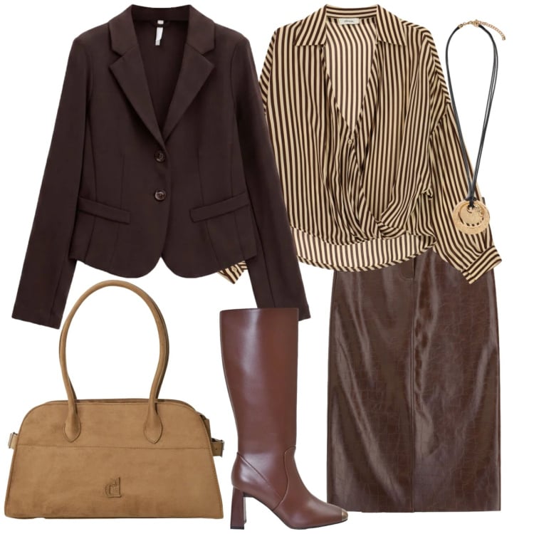Outfit donna - Gonna in ecopelle. Stile Glamour per Ufficio. Abbinamento con blazer, borse a spalla, gonne longuette, camicie, stivali sopra il ginocchio, ciondoli.