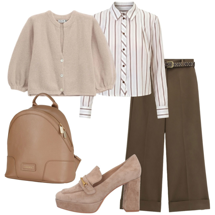 Outfit donna - Golf aperto. Stile Urban per Scuola/Università. Abbinamento con zaini, mocassini, cardigans, pantaloni a palazzo, camicie.