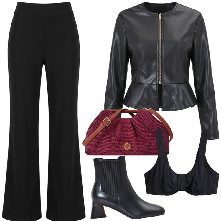 Outfit donna - Passion Red & Total black. Stile Glamour per Tutti i giorni. Abbinamento con reggiseni, stivaletti, giacche, clutch, pantaloni.