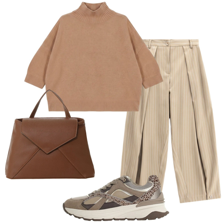 Outfit donna - Rientro in ufficio. Stile Casual chic per Ufficio. Abbinamento con pantaloni a palazzo, borse a mano, maglieria, sneakers.