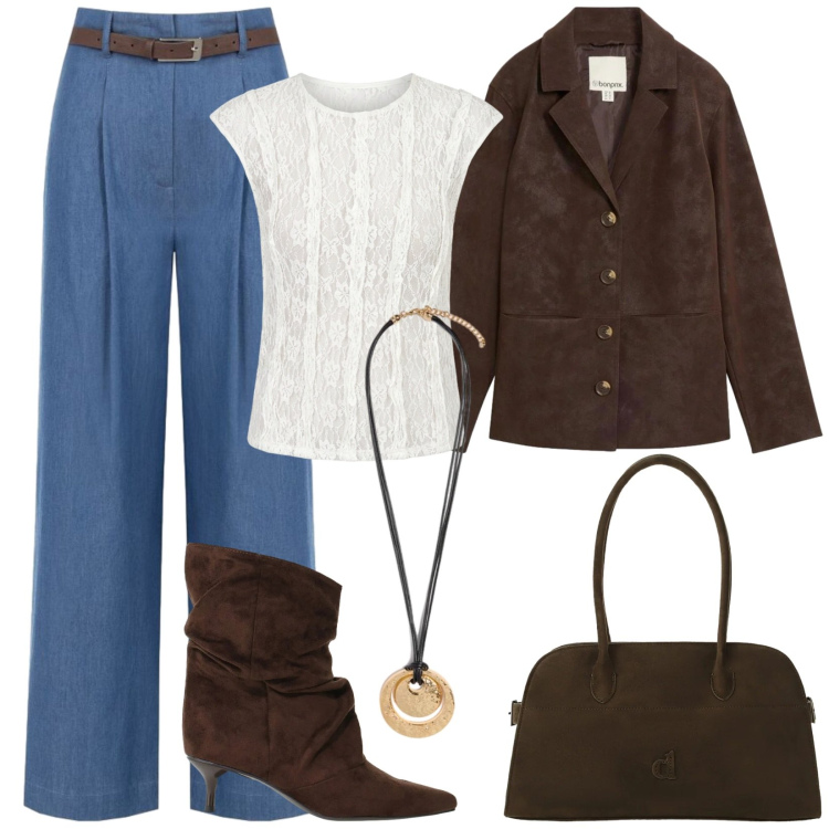 Outfit donna - Pizzo, suede e stivaletti per l\'autunno. Stile Trendy per Tutti i giorni. Abbinamento con blazer, stivali, borse a spalla, pantaloni a palazzo, t-shirt, ciondoli.