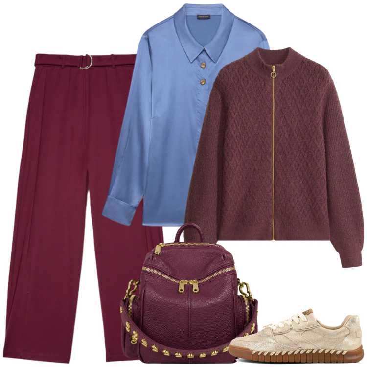Outfit donna - Con grazia. Stile Casual chic per Ufficio. Abbinamento con pantaloni a palazzo, bluse, zaini, cardigans, sneakers.