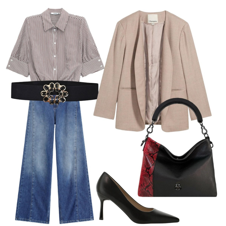 Outfit donna - Settembre, Ritorno al lavoro. Stile Urban per Ufficio. Abbinamento con blazer, décolleté, cinture, camicie a manica corta, jeans, borse a mano.