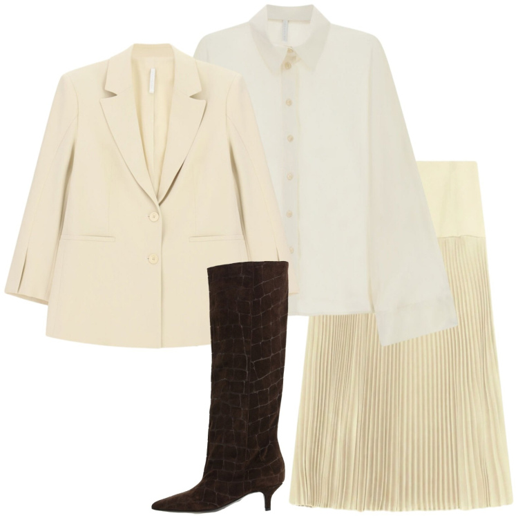 Outfit donna - Gonna a pieghe. Stile Glamour per Serata fuori. Abbinamento con gonne longuette, blazer, stivali, camicie.