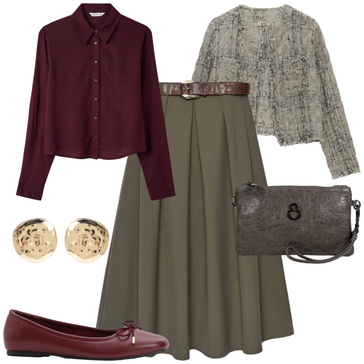 Outfit donna - In ufficio. Stile Urban per Ufficio. Abbinamento con ballerine, gonne lunghe, camicie, blazer, orecchini, pochette.