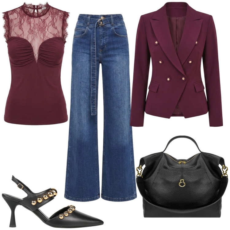 Outfit donna - Total look #2476712. Stile Casual chic per Ufficio. Abbinamento con décolleté, blazer, jeans, top, borse a spalla.