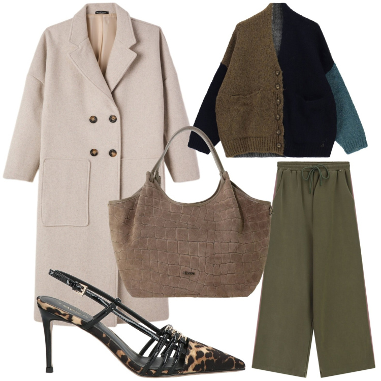 Outfit donna - Stile urbano. Stile Urban per Tutti i giorni. Abbinamento con décolleté, cappotti, pantaloni a palazzo, borse a spalla, cardigans.
