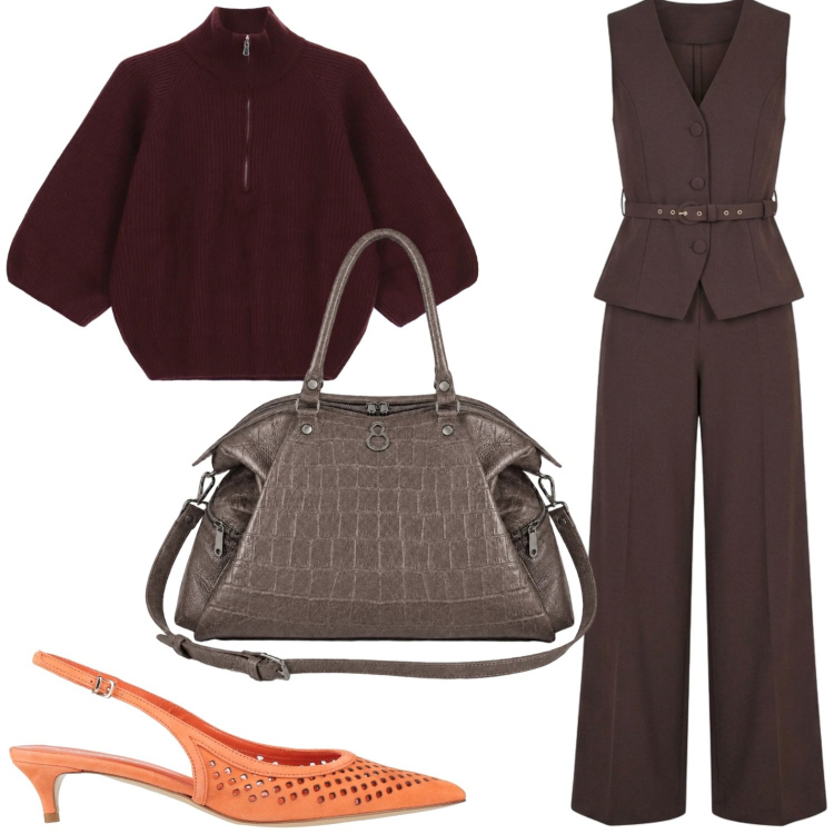 Outfit donna - Touch orange. Stile Chic per Tutti i giorni. Abbinamento con décolleté, maglieria, tute, shopping bag.