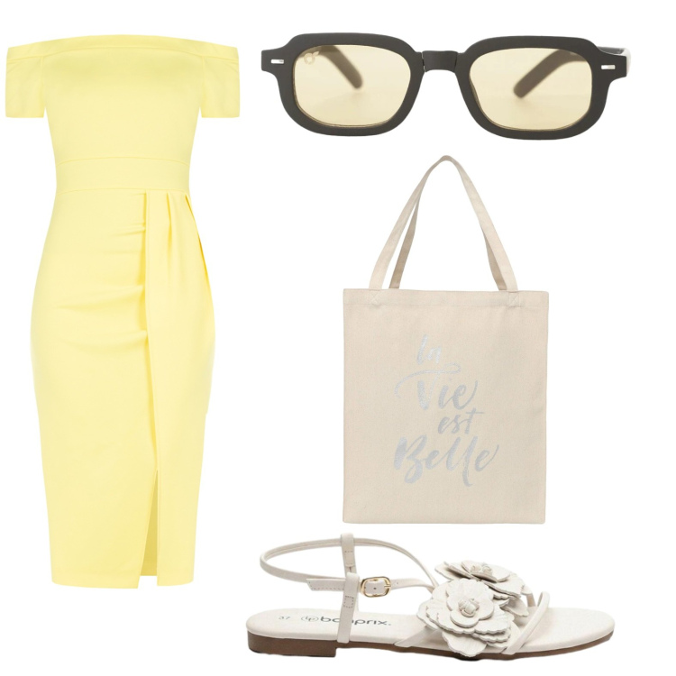 Outfit donna - Giallo solare. Stile Casual per Tutti i giorni. Abbinamento con sandali, occhiali da sole, borse tote, vestiti asimmetrici.