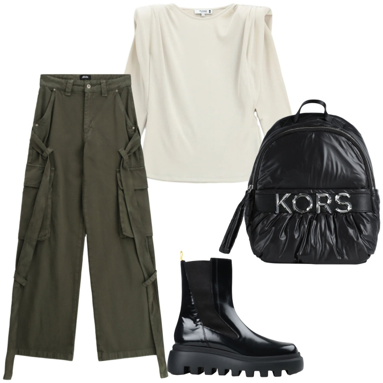Outfit donna - Essenziale. Stile Casual per Tutti i giorni. Abbinamento con stivaletti, zaini, pantaloni cargo, t-shirt.
