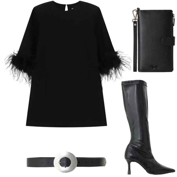 Outfit donna - Noir chic. Stile Boho per Serata fuori. Abbinamento con portafogli, stivali, vestiti corti, cinture.