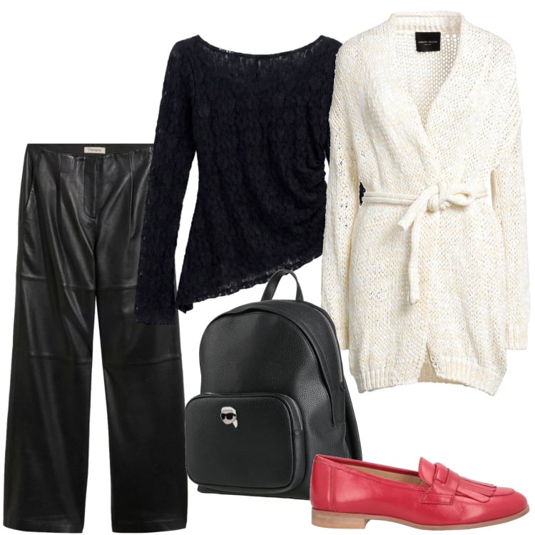 Outfit donna - Mocassini red. Stile Casual per Tutti i giorni. Abbinamento con cardigans, mocassini, zaini, pantaloni, t-shirt.