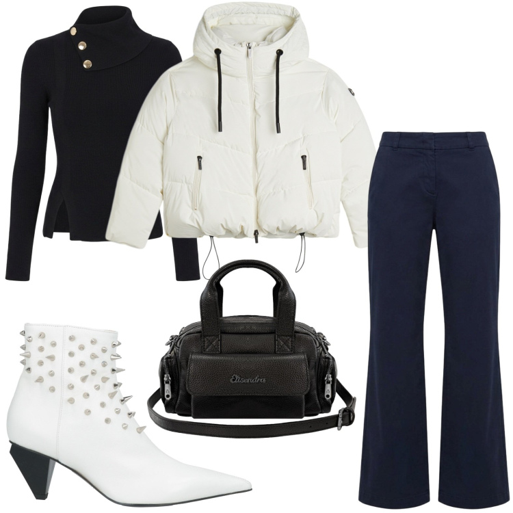 Outfit donna - Bianco e nero. Stile Trendy per Tutti i giorni. Abbinamento con stivaletti, pantaloni, maglieria, piumini, borse a mano.
