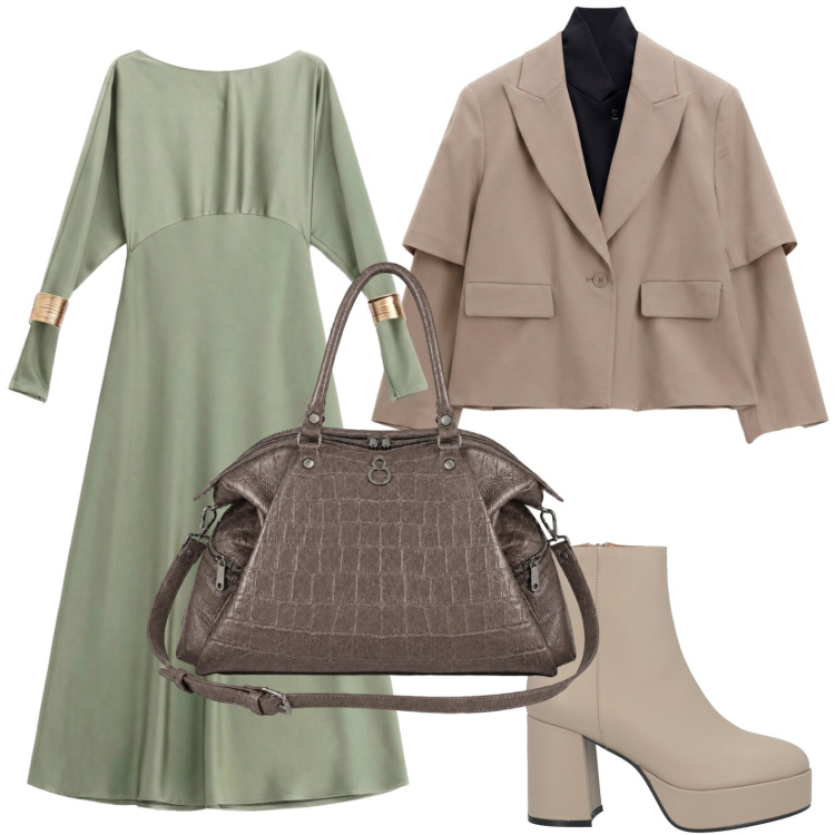 Outfit donna - L\'abito verde salvia. Stile Casual per Tutti i giorni. Abbinamento con stivaletti, blazer, vestiti lunghi, shopping bag.