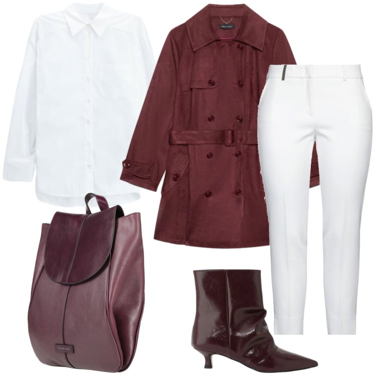 Outfit donna - Trench wine. Stile Casual per Tutti i giorni. Abbinamento con pantaloni, zaini, camicie, stivaletti, trench.