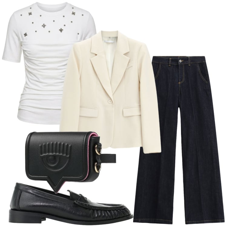 Outfit donna - T-shirt luccicante. Stile Basic per Tutti i giorni. Abbinamento con marsupi, mocassini, blazer, pantaloni a palazzo, t-shirt.