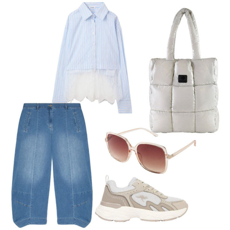 Outfit donna - Sabato mattina a fare la spesa. Stile Casual per Tutti i giorni. Abbinamento con occhiali da sole, sneakers, camicie, shopping bag, jeans.