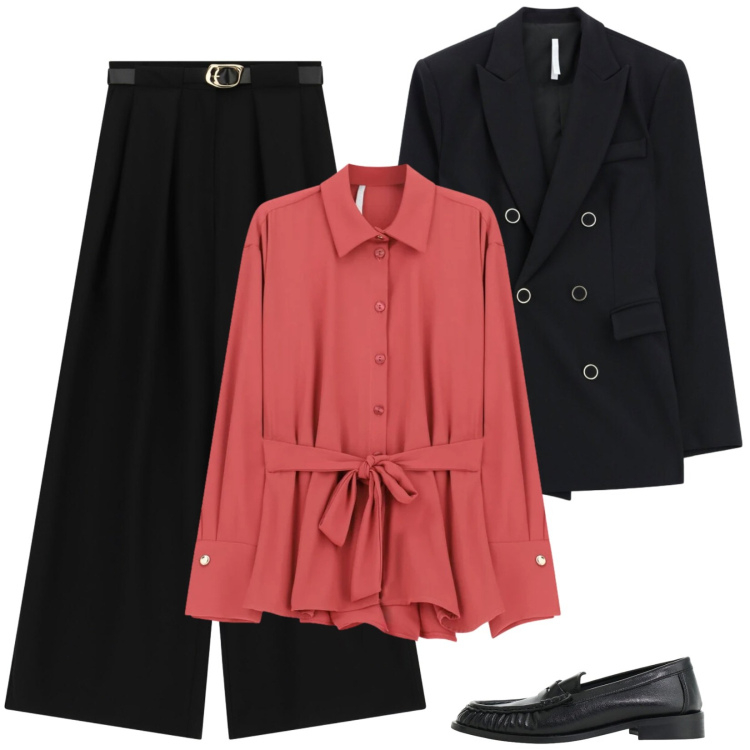Outfit donna - Giacca oversize e pantaloni palazzo. Stile Chic per Serata fuori. Abbinamento con pantaloni a palazzo, camicie, mocassini, blazer.