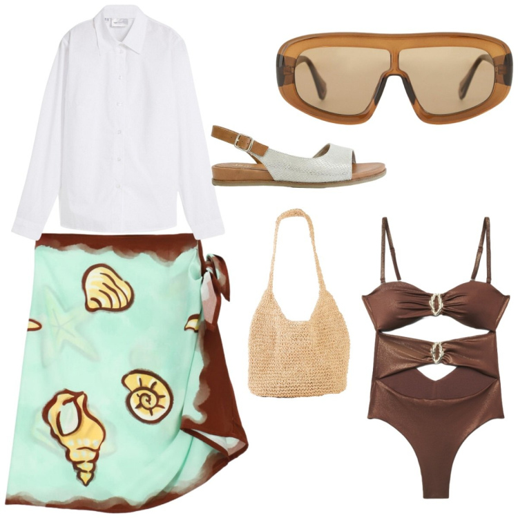 Outfit donna - Mare a Sharm. Stile Casual chic per Mare. Abbinamento con camicie, shopping bag, sandali, costumi interi, occhiali da sole, minigonne.