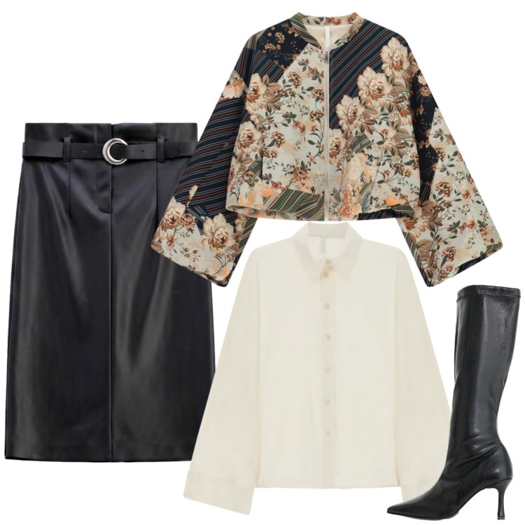 Outfit donna - La gonna in pelle e gli stivali neri. Stile Chic per Serata fuori. Abbinamento con gonne longuette, bomber, stivali, camicie.