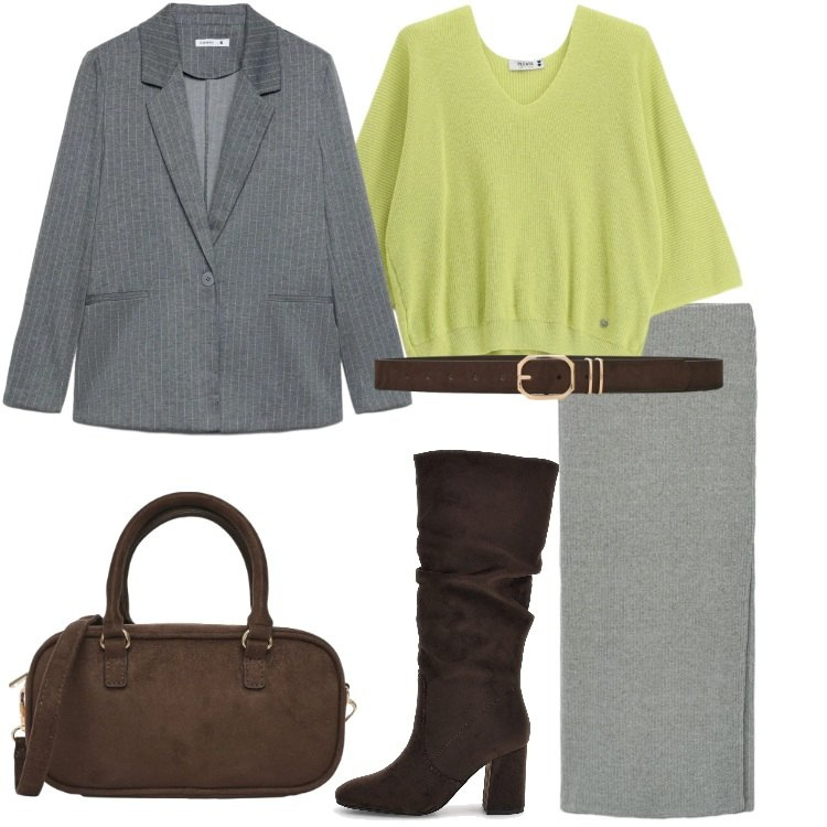 Outfit donna - Icon Business Woman. Stile Trendy per Ufficio. Abbinamento con gonne lunghe, borse a tracolla, cinture, blazer, maglieria, stivali sopra il ginocchio.