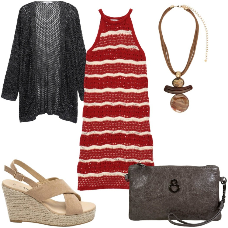 Outfit donna - Total look #2476746. Stile 70s per Tutti i giorni. Abbinamento con sandali col tacco, kimono, vestiti midi/longuette, ciondoli, pochette.