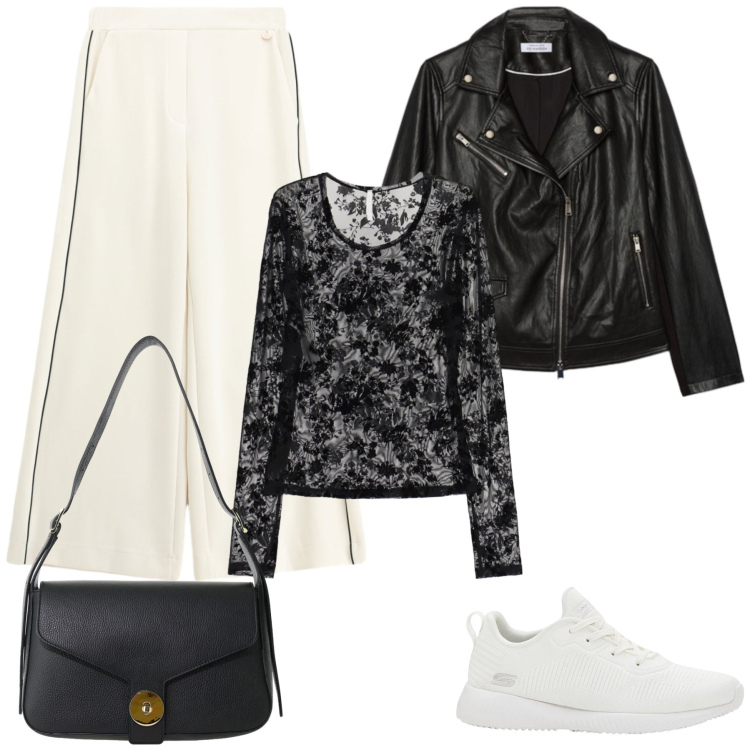 Outfit donna - Total look #2476747. Stile Urban per Tutti i giorni. Abbinamento con sneakers, pantaloni a palazzo, borse a spalla, top, giacche.