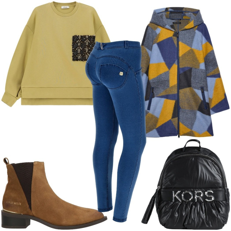 Outfit donna - Total look #2476748. Stile Trendy per Tutti i giorni. Abbinamento con zaini, stivaletti texani, jeggings, felpe, cappotti.