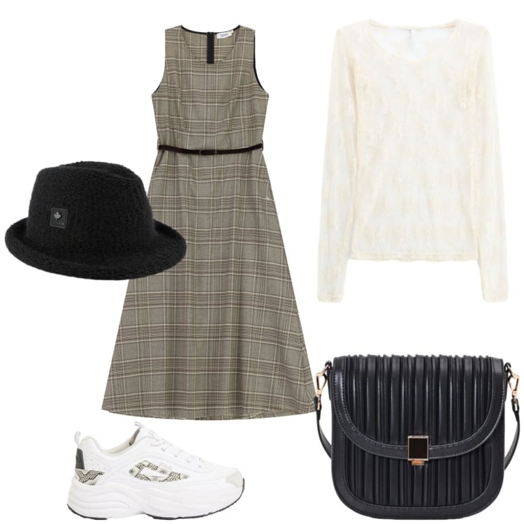 Outfit donna - Total look #2476749. Stile Urban per Tutti i giorni. Abbinamento con sneakers, t-shirt, vestiti midi/longuette, borse a tracolla, cappelli.