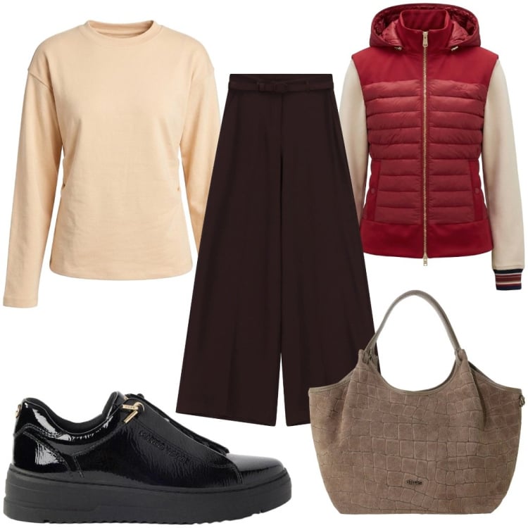 Outfit donna - Total look #2476750. Stile Casual per Tutti i giorni. Abbinamento con sneakers, piumini, pantaloni a palazzo, felpe, borse a spalla.