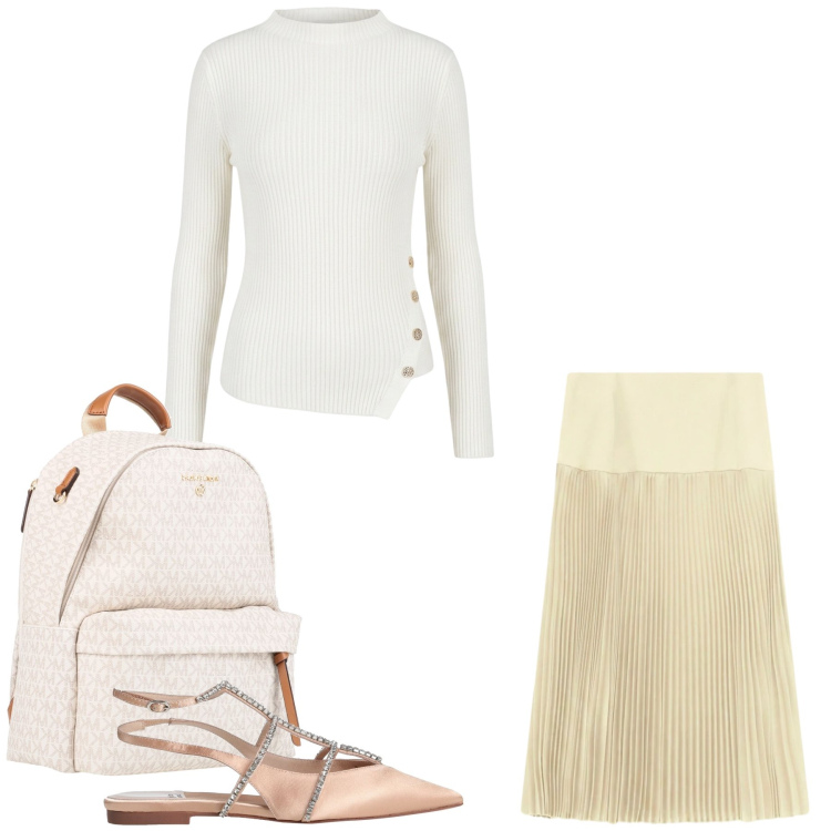 Outfit donna - Maglieria Leggera e Gonne Midi. Stile Casual chic per Tutti i giorni. Abbinamento con ballerine, zaini, gonne longuette, maglieria.